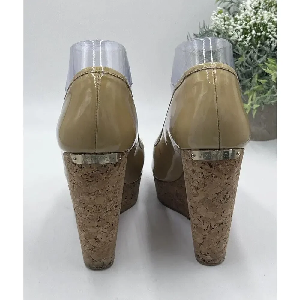 Jimmy Choo Papina‎ Cork Wedge Nude Patent Leather Platform Heels EU 40/US 10